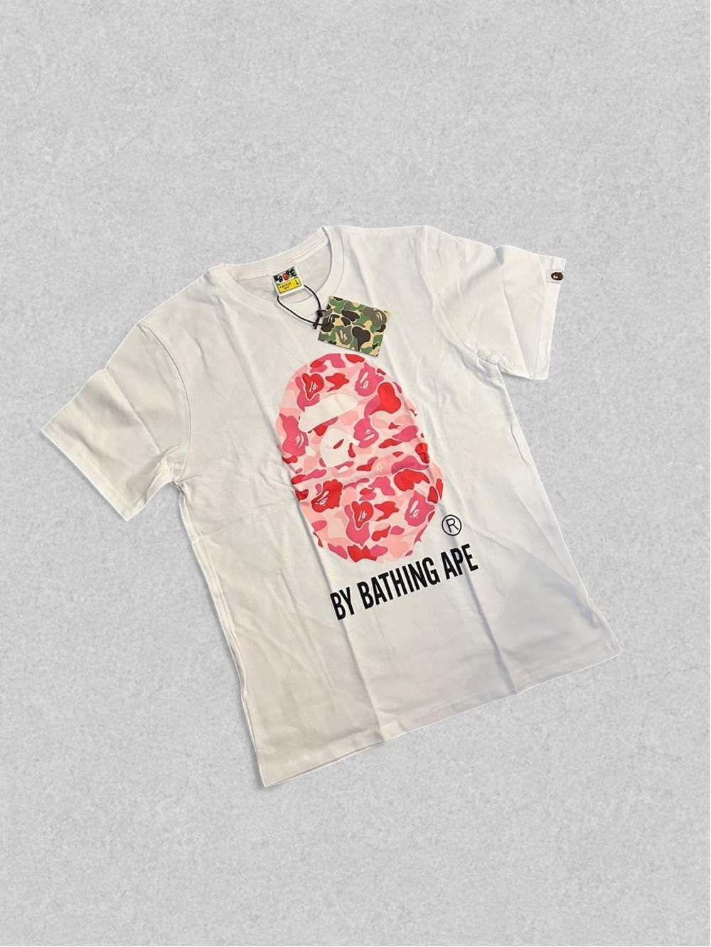 Bape White Tee with Pink Camo Ape Head